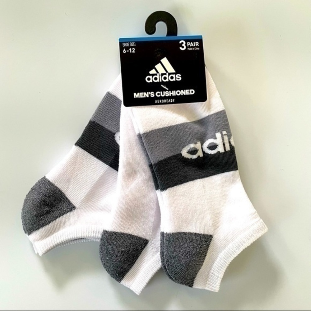 Adidas men’s no show cushioned socks 3 pack size 6-12 white gray
